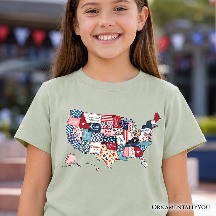 Kids Patriotic Patchwork USA T-Shirt, Quilted Map Youth Tee for American Fans Kid's T-Shirts OrnamentallyYou 