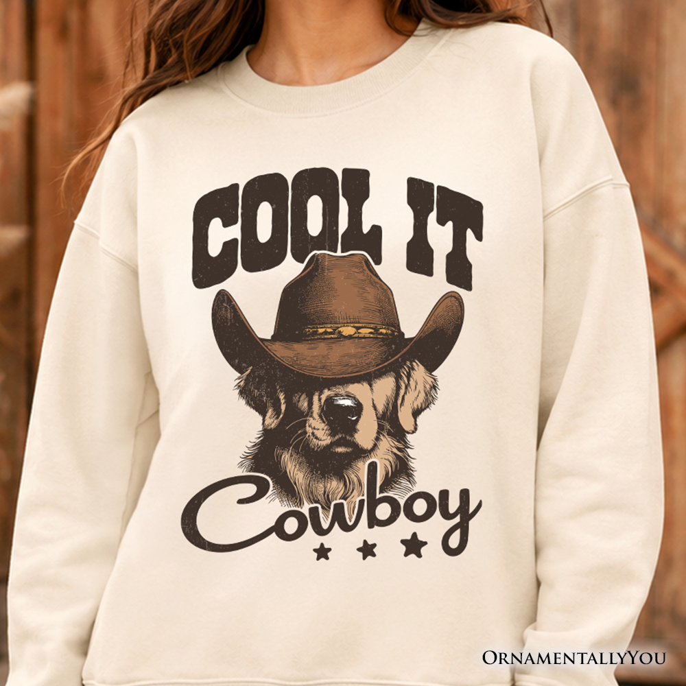 Cool It Cowboy Sweatshirt With Western Dog, Retro Golden Retriever White and Natural Sweater for Country Lover