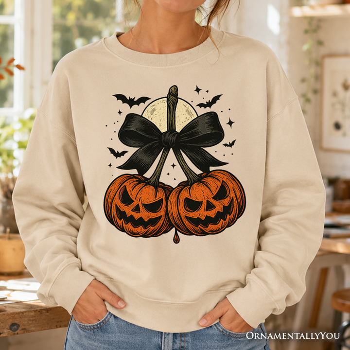 Pumpkin Cherries Coquette Bow Sweatshirt, Retro Halloween Fall Season Sweater for Sweet Autumn Girls