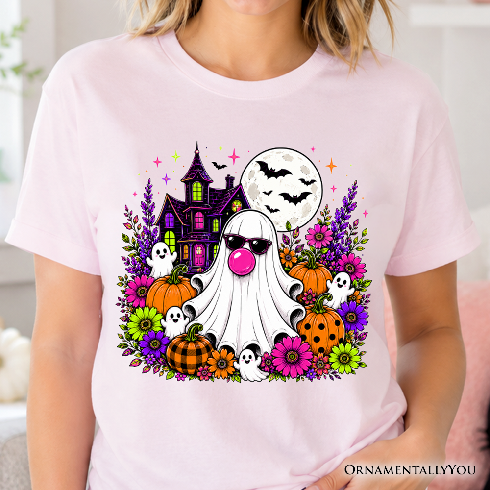 Bubblegum Ghost Haunted House T-Shirt, Colorful Floral Halloween Pumpkin Tee