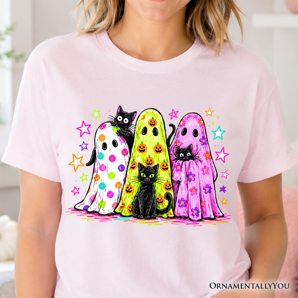 Colorful Ghosts and Black Cats T-Shirt, Neon Halloween Spooky Season Tee