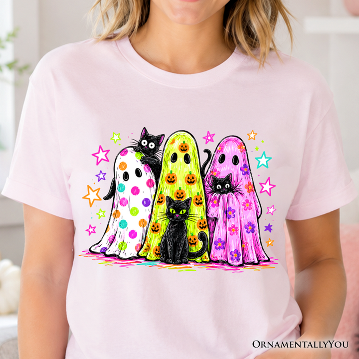 Colorful Ghosts and Black Cats T-Shirt, Neon Halloween Spooky Season Tee