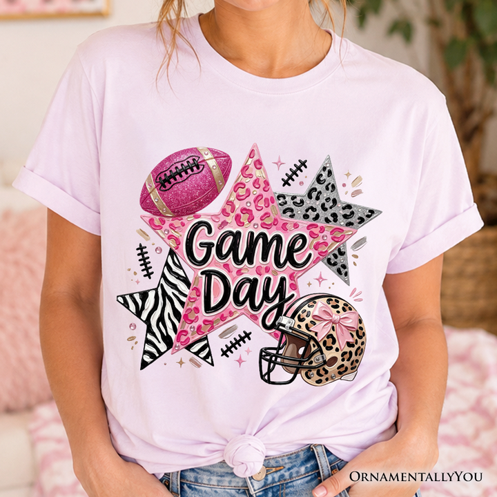 Leopard Pink Stars Football T-Shirt, Coquette Game Day Tee