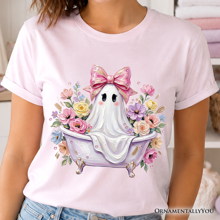Pink Bow Bathtub Ghost T-Shirt, Floral Coquette Halloween Tee