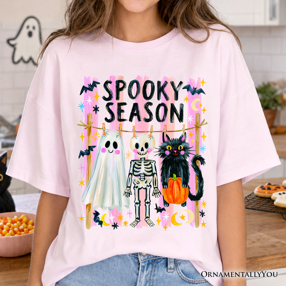 Spooky Season Ghost Skeleton Cat T-Shirt, Colorful Halloween Costume Tee
