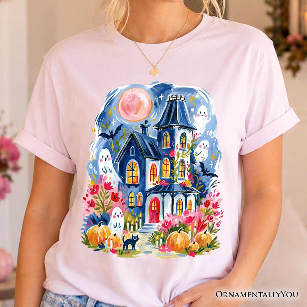 Watercolor Haunted House T-Shirt, Colorful Ghost Pumpkin Halloween Tee