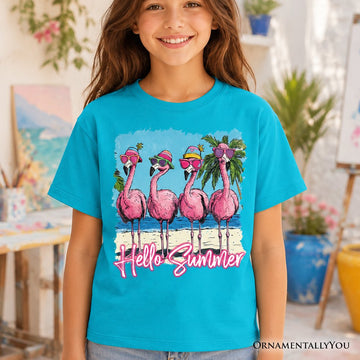 Kids Flamingo Hello Summer T-Shirt, Tropical Beach Vacation Youth Tee Kid's T-Shirts OrnamentallyYou 