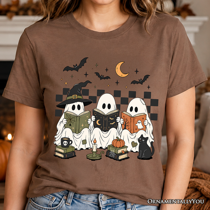 Bookish Ghosts Reading T-Shirt, Checkered Halloween Witch Cat Tee