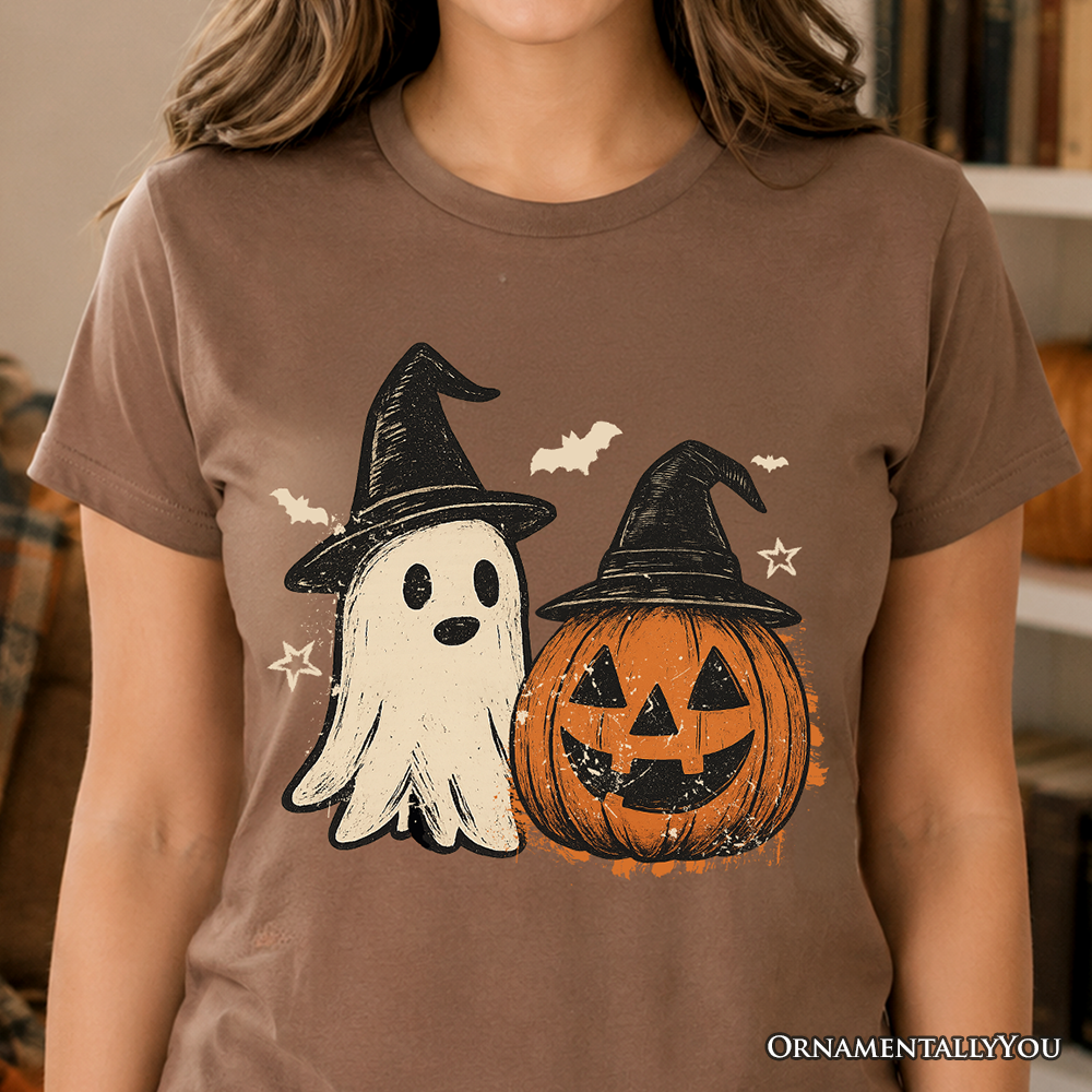 Witch Hat Ghost and Pumpkin T-Shirt, Vintage Halloween Jack O’ Lantern Tee