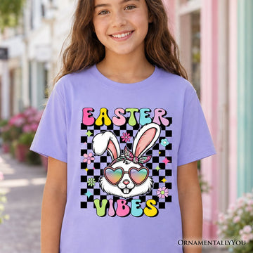 Kids Retro Easter Bunny Sunglasses T-Shirt, Groovy Youth Checkered Tee Kid's T-Shirts OrnamentallyYou 