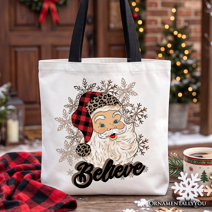 Believe Santa Buffalo Plaid Tote Bag, Retro Christmas Gift Shopper