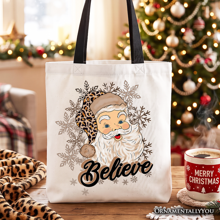Believe Santa Cheetah Leopard Tote Bag, Retro Christmas Gift Shopper