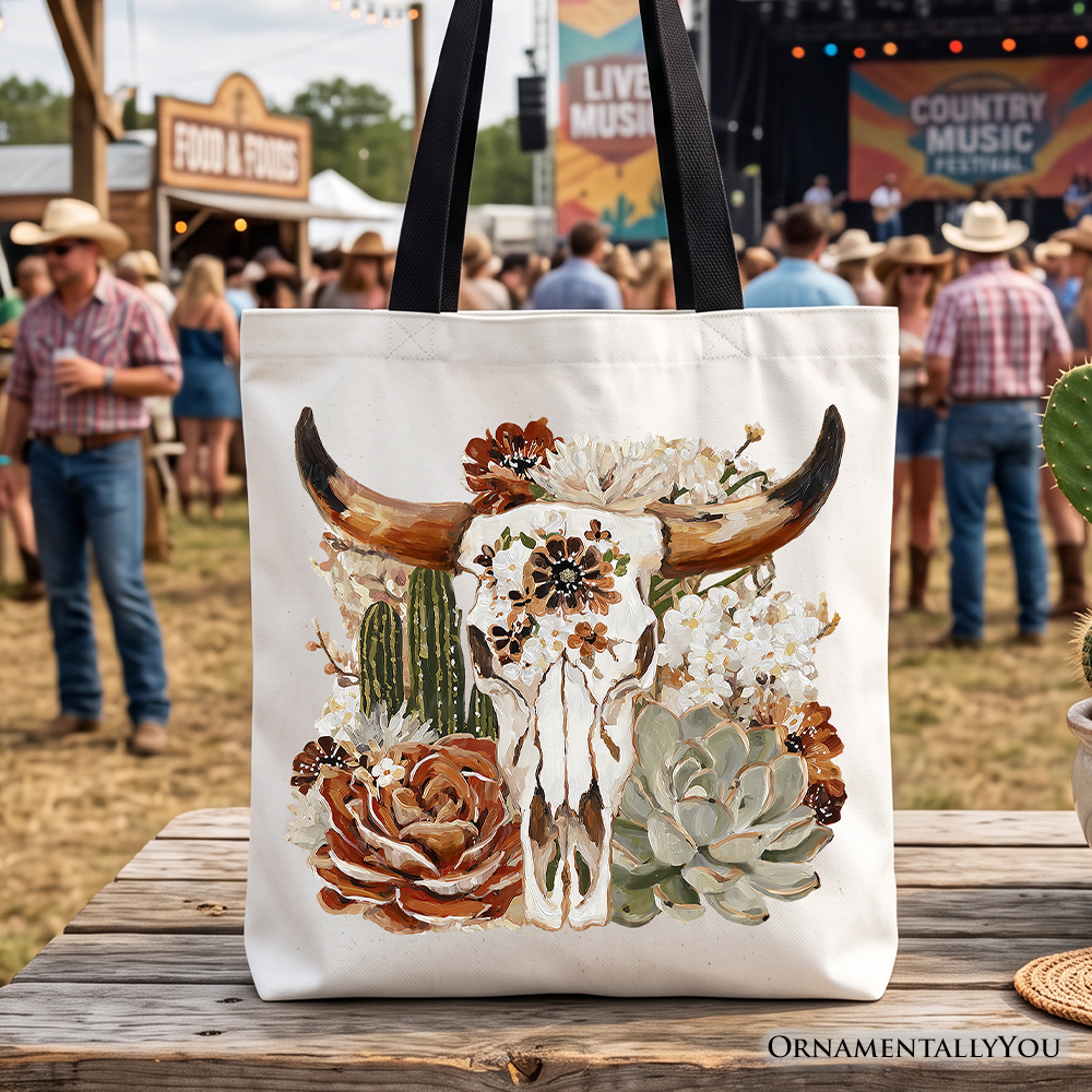 Boho Floral Cow Skull Tote Bag, Western Autumn Cowgirl Gift Shopper