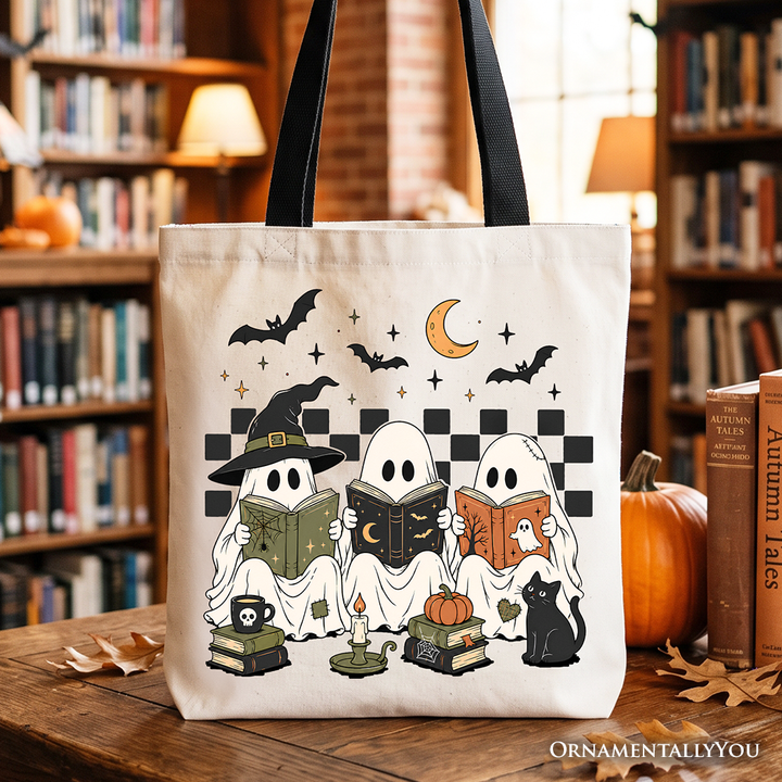 Bookish Ghosts Reading Tote Bag, Checkered Halloween Witch Cat Gift Shopper
