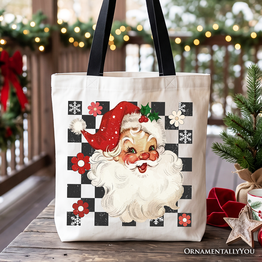Checkered Santa Claus Vintage Tote Bag, Retro Merry Christmas Gift Shopper