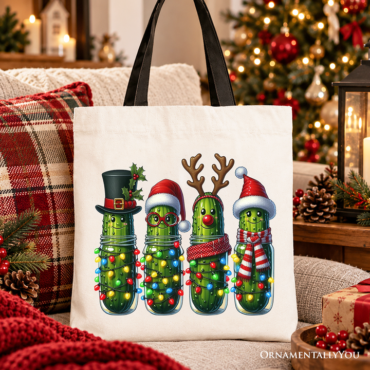 Christmas Pickles Tote Bag, Festive Holiday Cucumber Holiday Gift Shopper