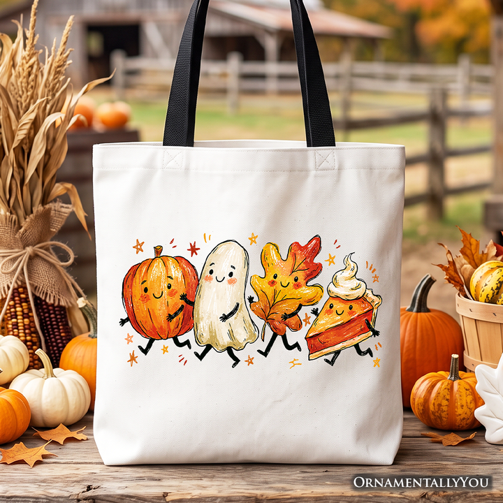 Cute Fall Characters Tote Bag, Pumpkin Ghost Leaf Pie Autumn Gift Shopper