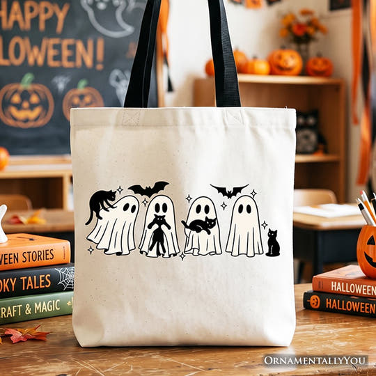 Cute Ghost Teacher Halloween Tote Bag, Retro Boo Spooky School Gift Shopper Tote Bag OrnamentallyYou Black Handle 
