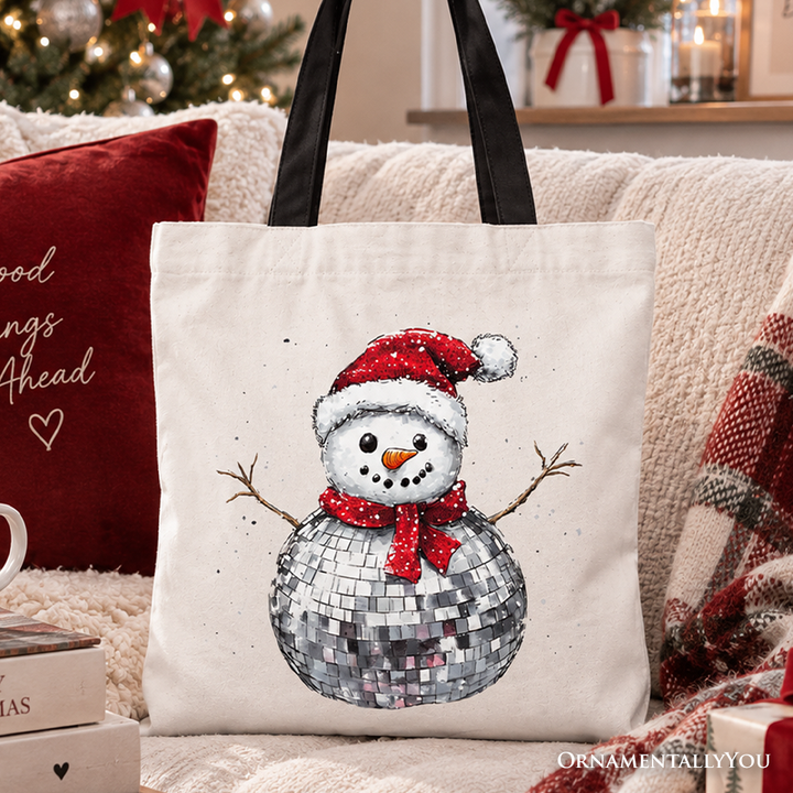 Disco Snowman Christmas Tote Bag, Retro Holiday Gift Shopper for Dancers