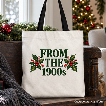 From the 1900s Faux Cross Stitch Christmas Tote Bag, Holly Retro Holiday Gift Shopper