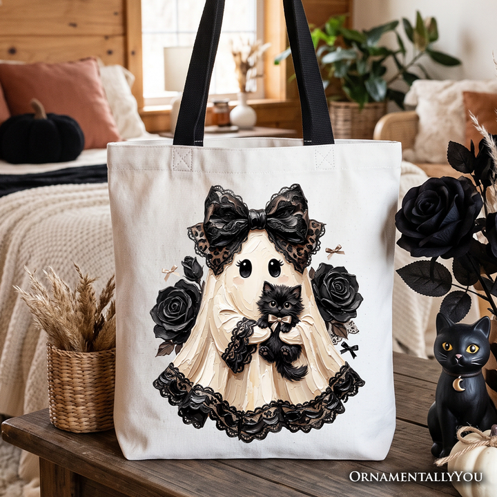 Gothic Ghost with Black Cat Tote Bag, Black Rose Coquette Halloween Gift Shopper