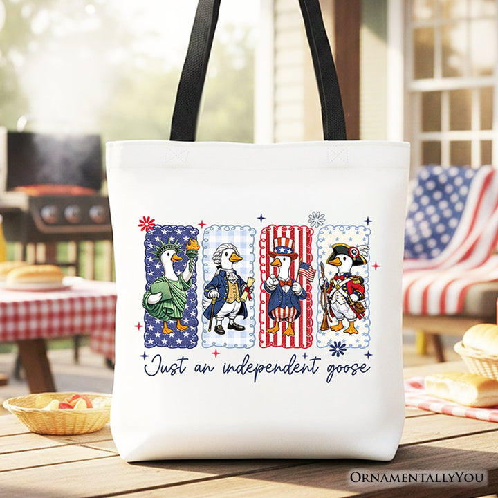 Just An Independent Goose Patriotic Tote Bag, Funny 4th of July Gift Shopper Tote Bag OrnamentallyYou Black Handle 
