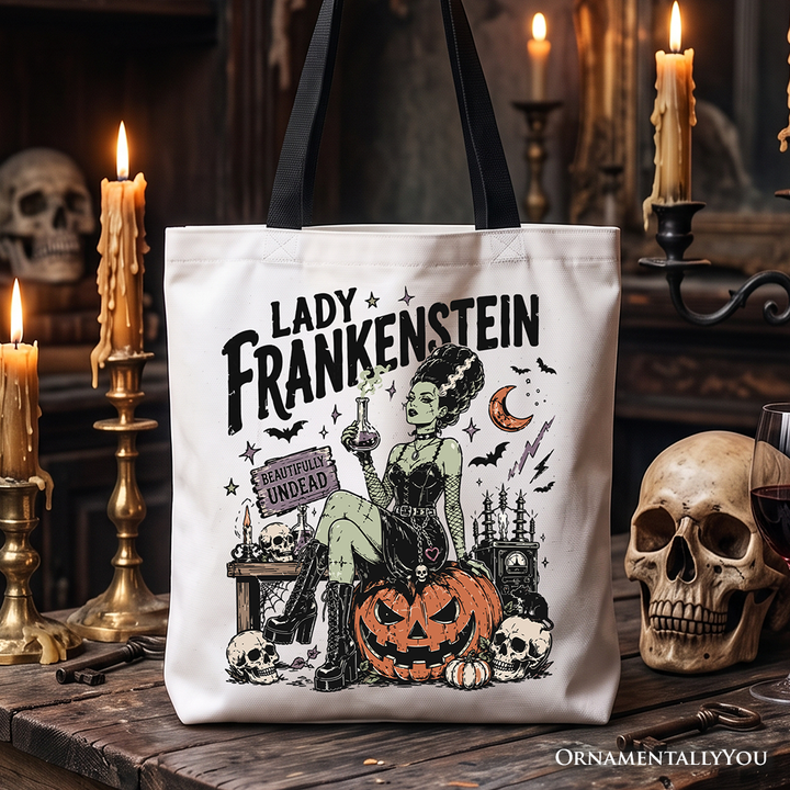 Lady Frankenstein Tote Bag, Vintage Gothic Beautifully Undead Halloween Gift Shopper