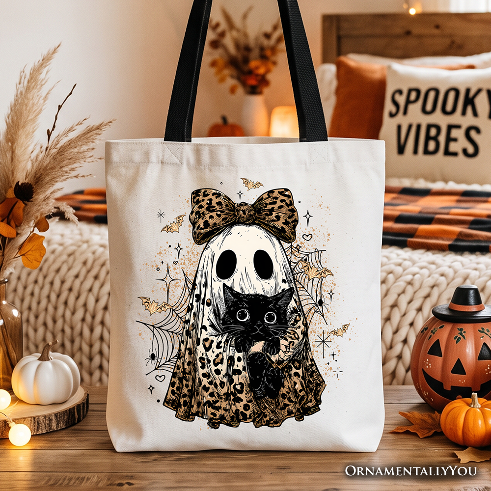 Leopard Bow Ghost with Black Cat Tote Bag, Spooky Halloween Spider Web Gift Shopper
