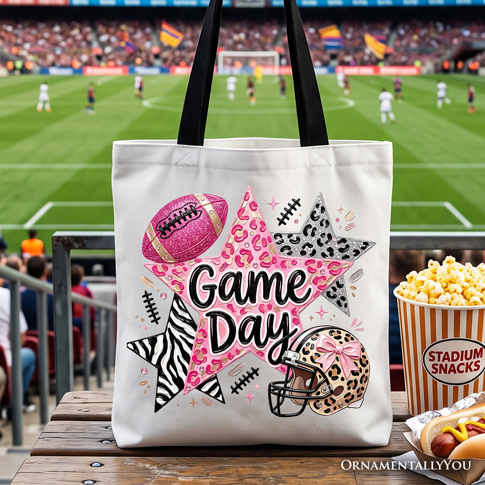 Leopard Pink Stars Football Tote Bag, Coquette Game Day Gift Shopper