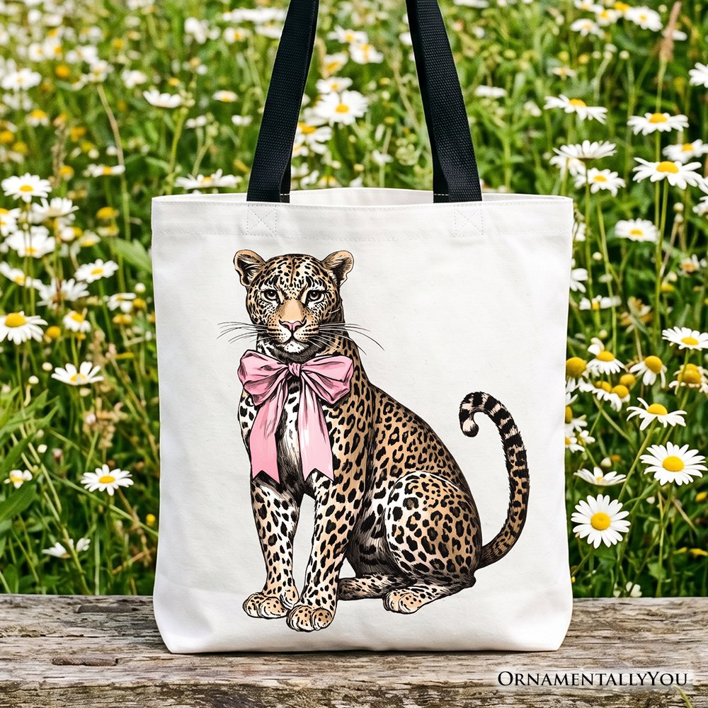 Leopard With Coquette Bow Tote Bag, Animal Trendy Preppy Gift Shopper Tote Bag OrnamentallyYou Black Handle 