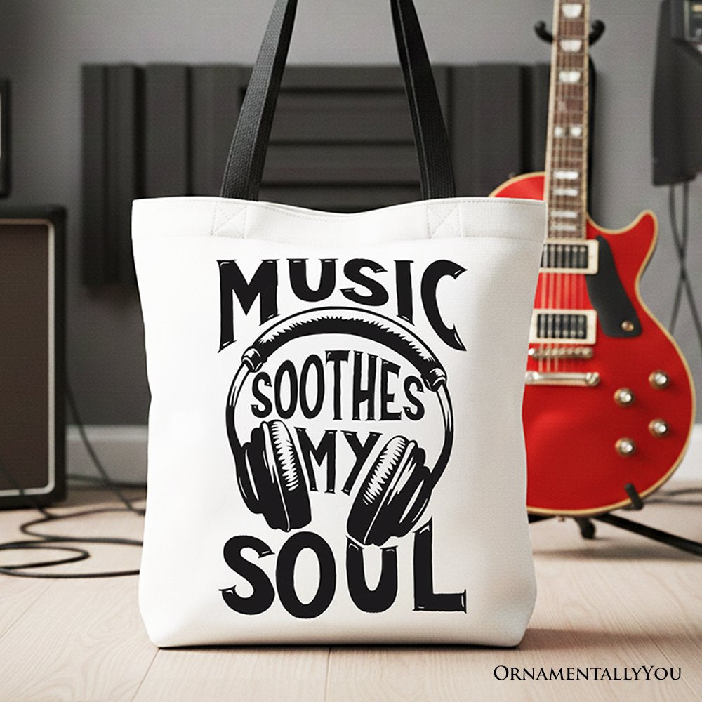Music Soothes My Soul Tote Bag, Festival Concert Gift Shopper Tote Bag OrnamentallyYou Black Handle 