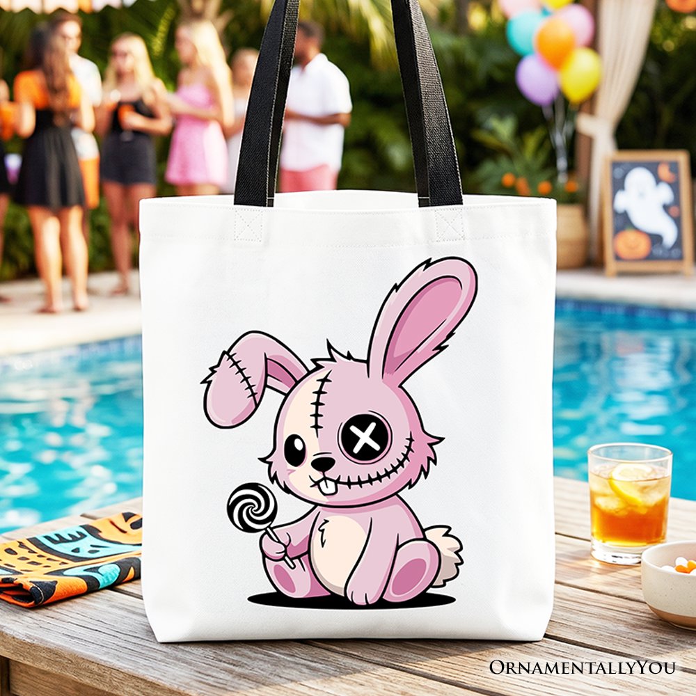 Pink Zombies Bunny Cute Tote Bag, Cute Gothic Halloween Gift Shopper Tote Bag OrnamentallyYou Black Handle 