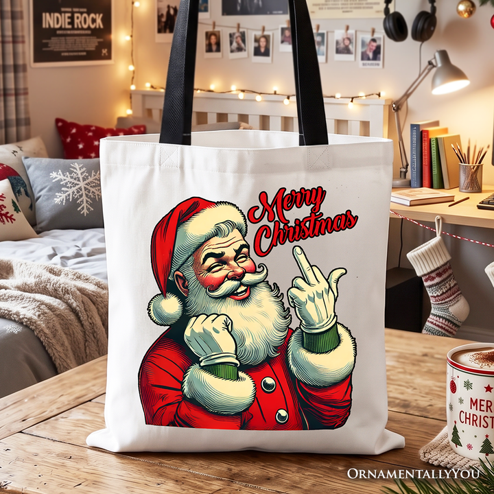 Santa Middle Finger Christmas Tote Bag, Vintage Funny Gift Shopper for Naughty Holiday Humor