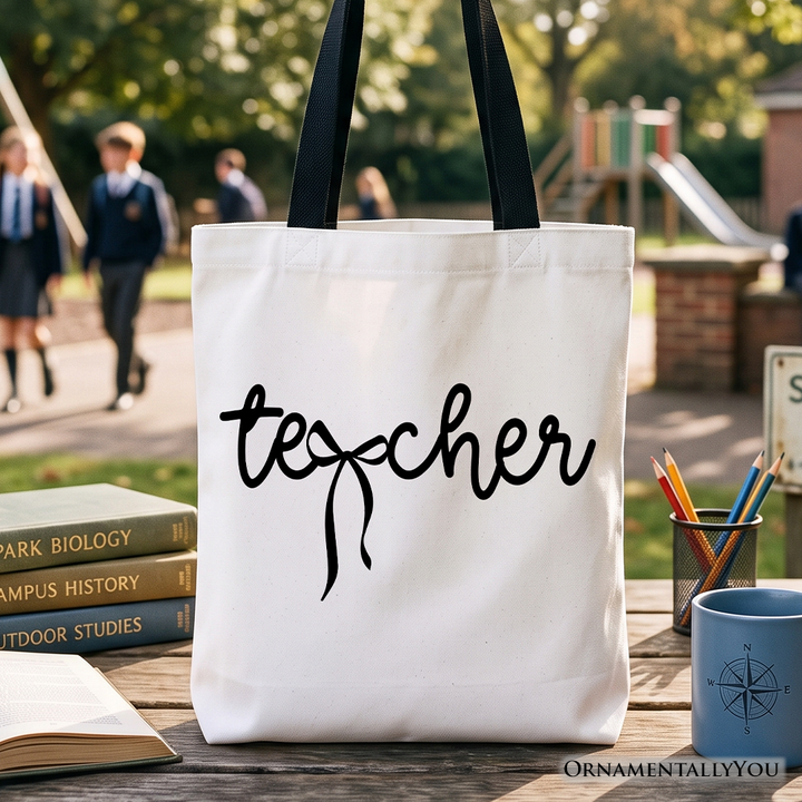 Teacher Coquette Bow Tote Bag, Minimalist Back to School Gift Shopper