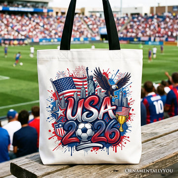 USA 2026 Soccer Cup Global Championship Tote Bag, Fans Football Gift Shopper Tote Bag OrnamentallyYou Black Handle 