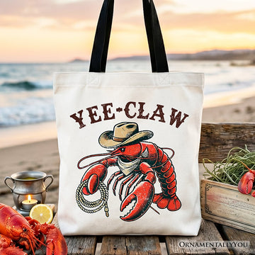 Yee Claw Lobster Western Tote Bag, Funny Cowboy Animal Gift Shopper Tote Bag OrnamentallyYou Black Handle 