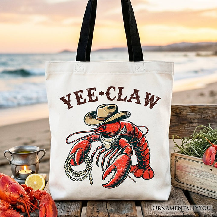 Yee Claw Lobster Western Tote Bag, Funny Cowboy Animal Gift Shopper Tote Bag OrnamentallyYou Black Handle 