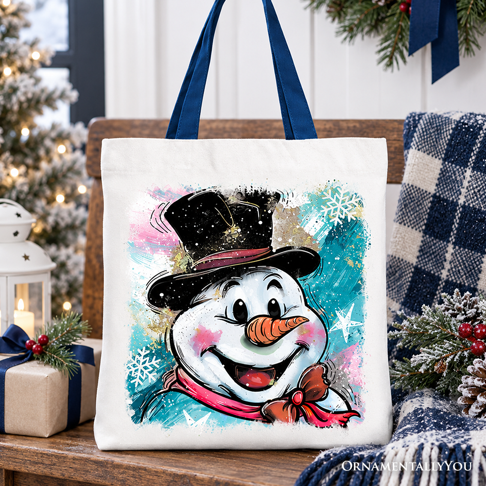 Brushstroke Cute Snowman Tote Bag, Preppy Merry Christmas Glitter Holiday Gift Shopper