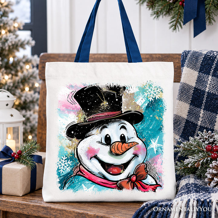 Brushstroke Cute Snowman Tote Bag, Preppy Merry Christmas Glitter Holiday Gift Shopper