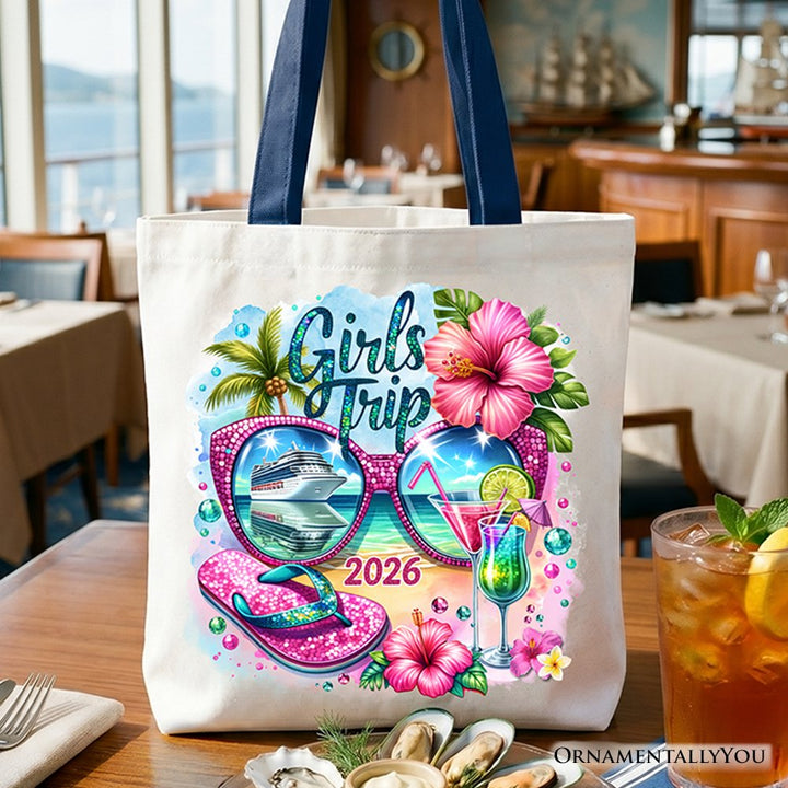 Cruise Girls Trip 2026 Tote Bag, Vacation Tropical Gift Shopper Tote Bag OrnamentallyYou Navy Handle 