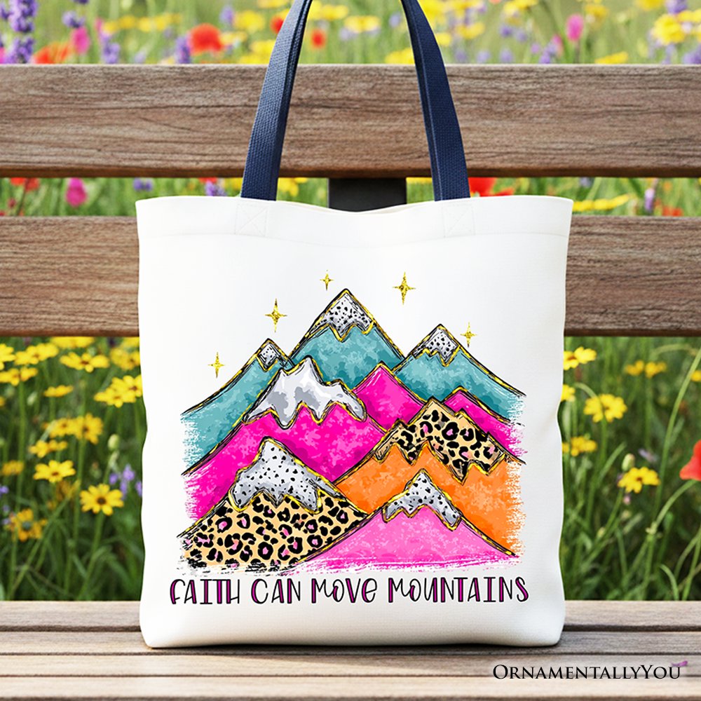 Faith Can Move Mountains Christian Tote Bag, Leopard Inspirational Gift Shopper Tote Bag OrnamentallyYou Navy Handle 