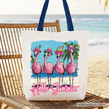 Flamingo Hello Summer Tote Bag, Tropical Beach Vacation Gift Shopper Tote Bag OrnamentallyYou Navy Handle 