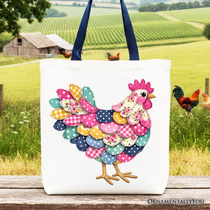 Floral Chicken Printed Faux Patchwork Tote Bag, Coquette Hen Farmhouse Gift Shopper Tote Bag OrnamentallyYou Navy Handle 