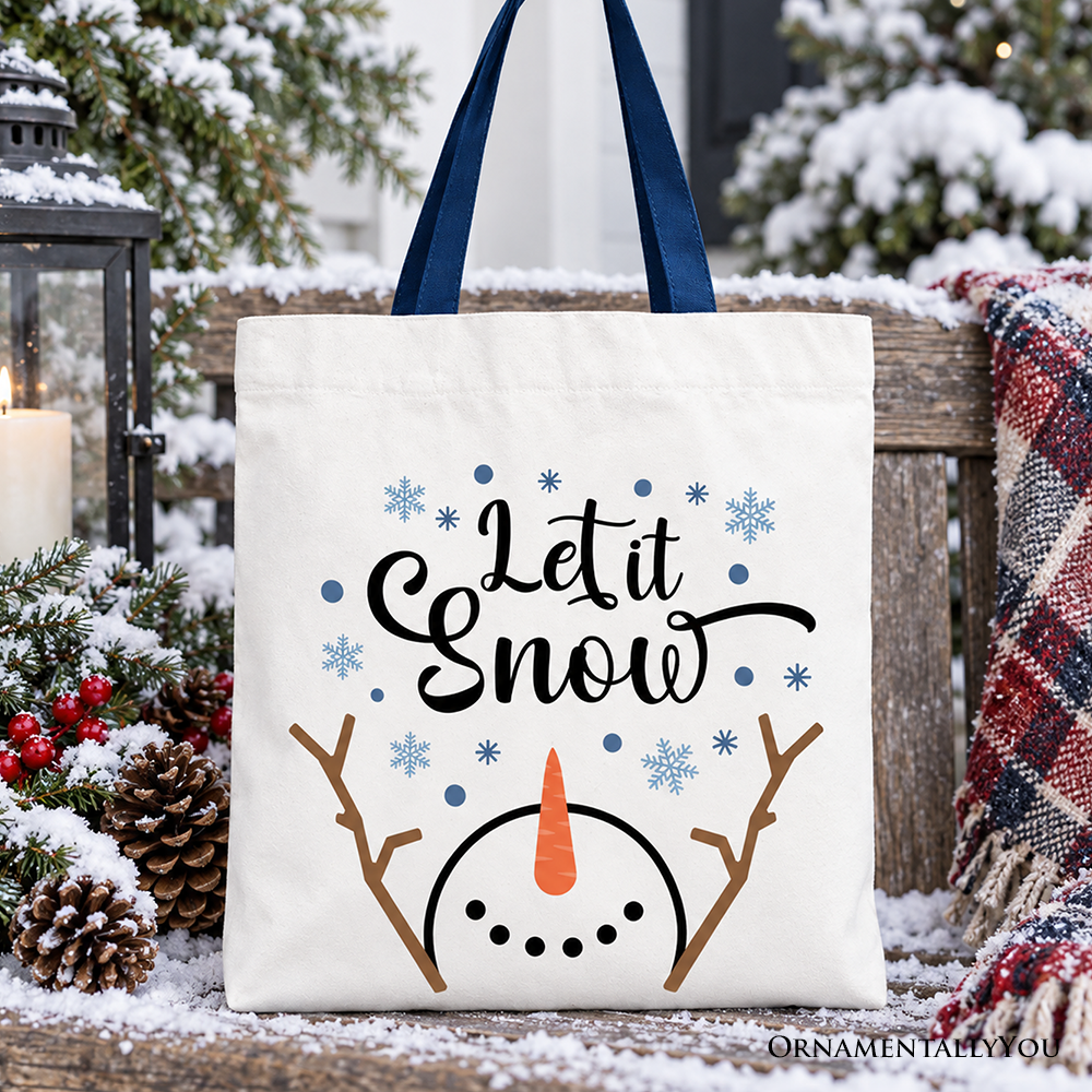 Let It Snow Snowman Tote Bag, Snowflakes Minimalist Gift Shopper for Winter Holiday Season