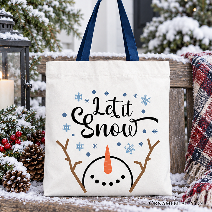 Let It Snow Snowman Tote Bag, Snowflakes Minimalist Gift Shopper for Winter Holiday Season