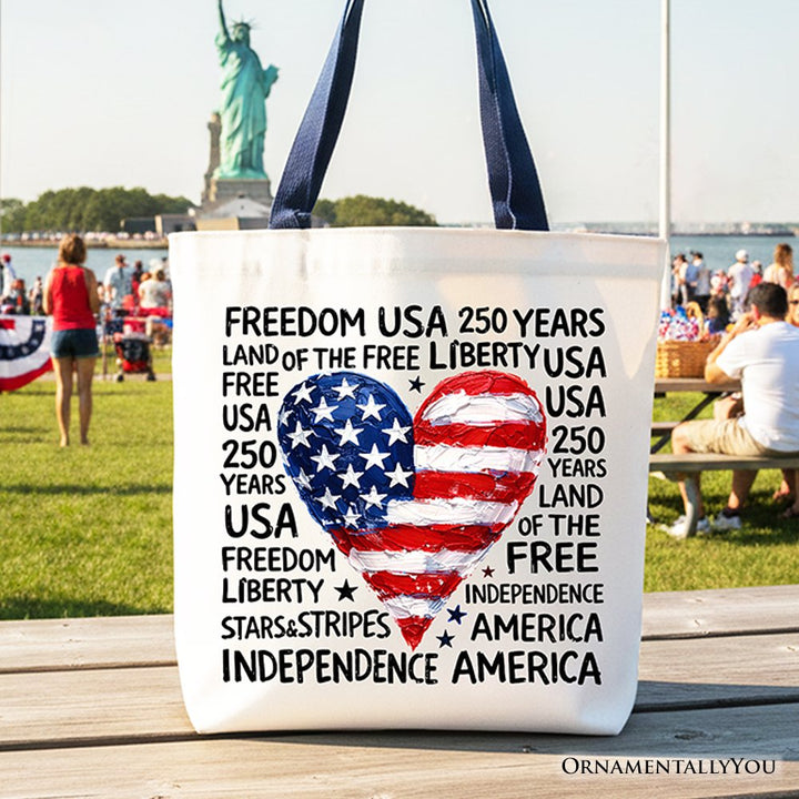 USA 250 Heart Patriotic Tote Bag, Retro 4th of July Gift Shopper Tote Bag OrnamentallyYou Navy Handle 