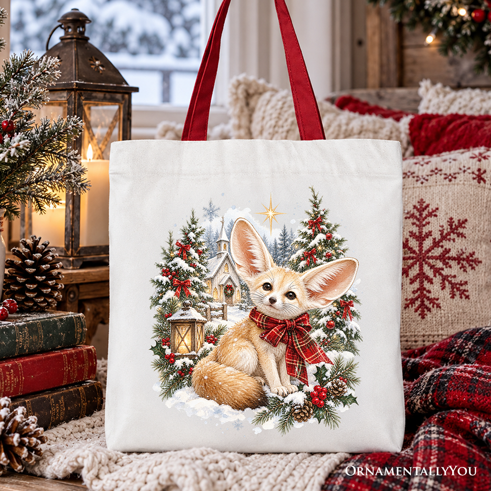 Church Fennec Fox Christmas Tote Bag, Winter Holiday Animal Gift Shopper