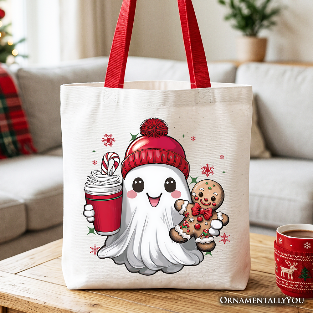 Cute Ghost Christmas Tote Bag, Adorable Gingerbread and Cocoa Holiday Gift Shopper