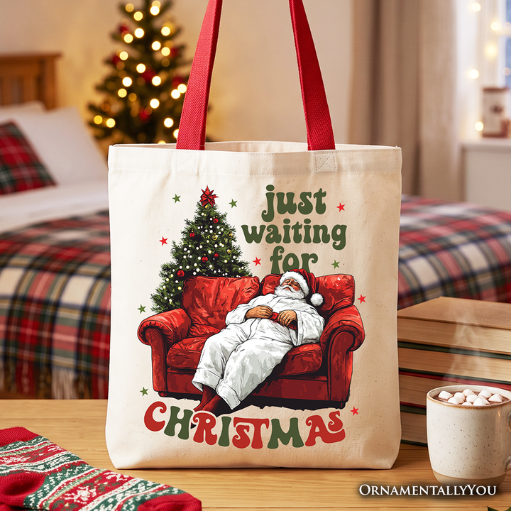 Funny Fat Santa Couch Tote Bag, Just Waiting for Christmas Gift Shopper for Lazy Holiday Season
