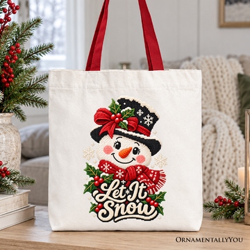 Let It Snow Faux Cross Stitch Snowman Christmas Tote Bag, Winter Holiday Gift Shopper